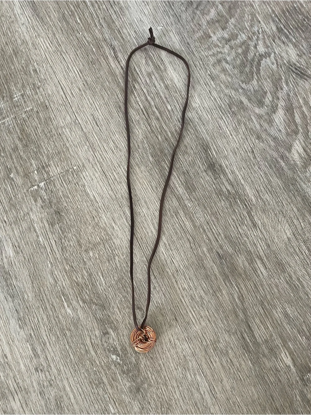 Handcrafted Wire Wrapped Stone Pendant Necklace – Brown Cord – Copper Tone Wire
